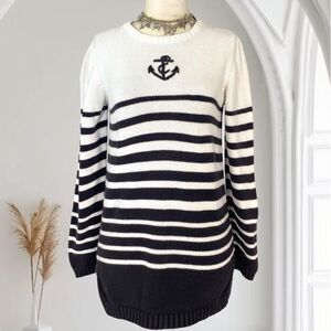 Petite Sophisticate Nautical Anchor Black White Knitted Cotton Coastal Sweater S